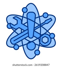 Quantum Error Correction icon represented by atomic nucleus shaped repair tool Blue style.