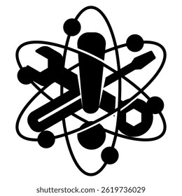 Quantum Error Correction icon represented by atomic nucleus shaped repair tool Black Filled style.