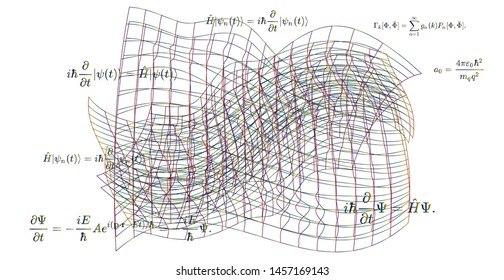 Quantum field fluctuations, distorted 3d gird and fundamental Quantum Mechanics formulas: Schrodinger equation,  quantum field theory, ect. Vector scientific illustration.