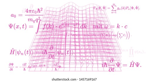 Quantum field fluctuations, distorted 3d gird and fundamental Quantum Mechanics formulas: Schrodinger equation,  quantum field theory, ect. Vector scientific illustration.