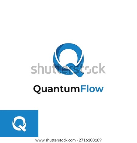 Quantum flow logo with blue q letter and text. Modern business identity. Abstract circular design.