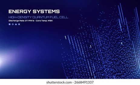 Pantalla cuántica del sistema de pilas de combustible. Concepto de tecnología energética con partículas brillantes para el fondo científico.