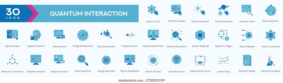 Quantum interaction duotone line icon set featuring science, physics, atomic, particle, and molecular concepts
Suitable for scientific research, laboratory projects, technology interfaces, data analysis dashboards, and educational design.