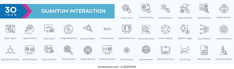 Quantum interaction duotone line icon set featuring science, physics, atomic, particle, and molecular concepts.
Suitable for scientific research, laboratory projects, technology interfaces, data analysis dashboards, and educational design.