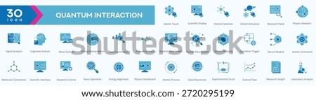 Quantum interaction duotone line icon set featuring science, physics, atomic, particle, and molecular concepts
Suitable for scientific research, laboratory projects, technology interfaces, data analysis dashboards, and educational design.