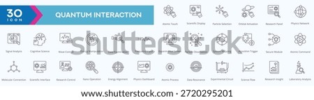 Quantum interaction duotone line icon set featuring science, physics, atomic, particle, and molecular concepts.
Suitable for scientific research, laboratory projects, technology interfaces, data analysis dashboards, and educational design.