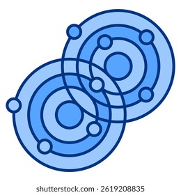 Ícone de Interferência Quântica representado por átomos tocam uns nos outros no estilo Azul.