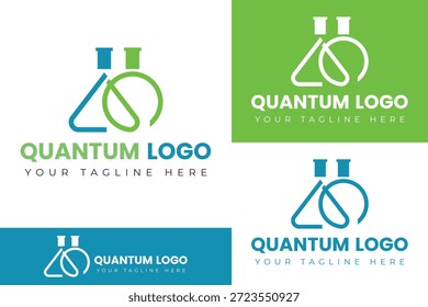 Diseño de logotipo de Tecnología de laboratorio cuántico con icono de frasco
