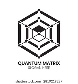Quantum Matrix logo displays a multidimensional geometric cube enveloped by intersecting scientific orbits. This sophisticated, geometric design is wonderful for data matrix analytics firms, quantum software developers, mathematical research institutes, and advanced architectural technology companies.