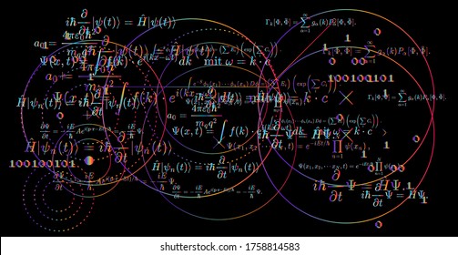 Quantum mechanics equations and formulas on the blackboard. Study and science concept.