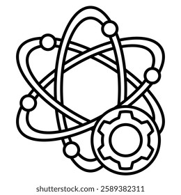 Quantum Mechanics icon represented by atom, gear Line style.