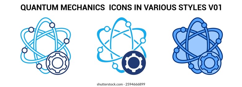 Quantum Mechanics icon represented by atom, gear Blue, Dualline, Dualtone style.