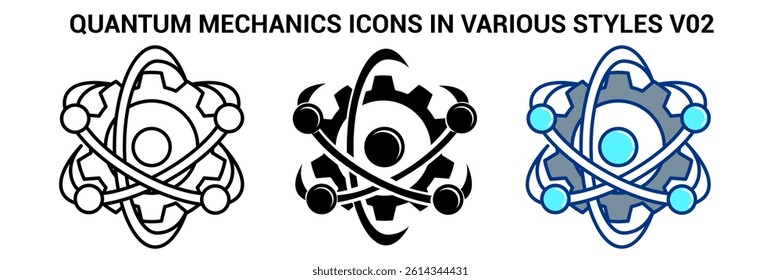 Quantum Mechanics icon represented by atom, gear Line, Filled, Color style.