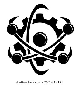 Quantum Mechanics icon represented by atom, gear Black Filled style.