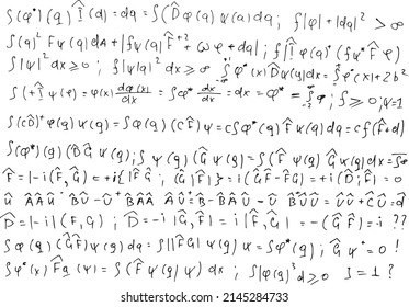 Quantum mechanics. Scientific formulas and expressions. Written by hand on a white background.