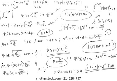Quantum mechanics. Scientific formulas and expressions. Written by hand on a white background.