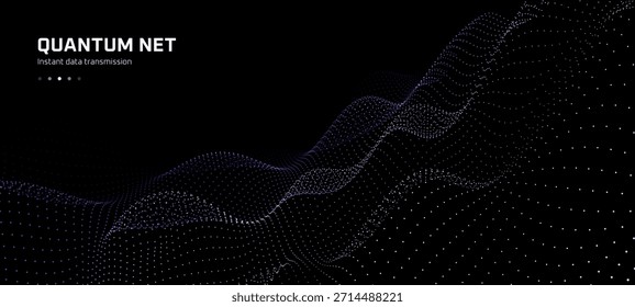 Quantum net data transmission. Technology vector background with dynamic purple wave of particles. Abstract digital connection for futuristic design.