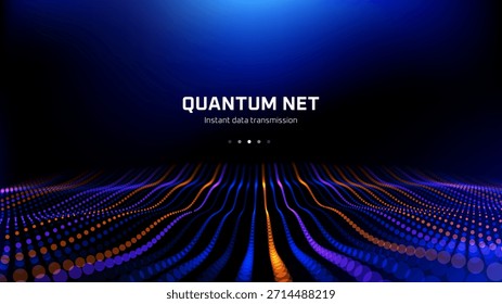 Red cuántica para la transmisión instantánea de datos de publicidad. Tecnología de fondo digital con ondas abstractas de partículas brillantes para la conexión a Internet.