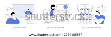 Quantum physics abstract concept vector illustration set. Conduct mathematician calculation, laser experiment, building quantum computer, matter and energy study, future engineering abstract metaphor.