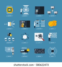 Quantum physics flat decorative icons set of processor logic qubit teleportation atomic structure cryptography symbols isolated vector Illustration