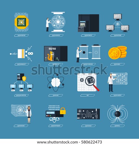 Quantum physics flat decorative icons set of processor logic qubit teleportation atomic structure cryptography symbols isolated vector Illustration