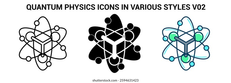 Quantum Physics icon represented by particle, atom Line, Filled, Color style.