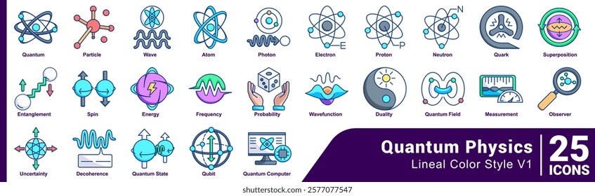 Quantum Physics icon set 25 in lineal Color style