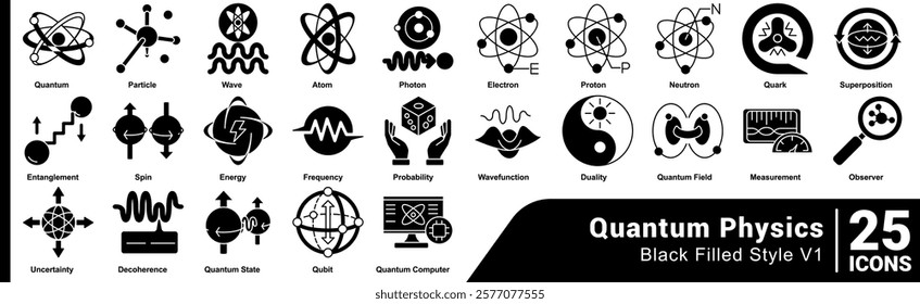 Quantum Physics icon set 25 in Black Filled style