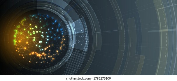 Quantum processing low poly circle design. Deep learning artificial intelligence. Future new technology for business or science presentation. Vector background