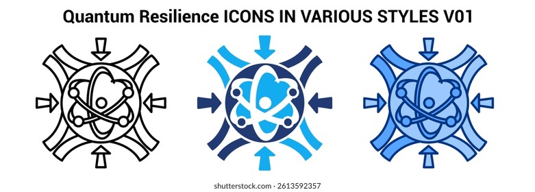 Quantum Resilience icon represented by atom, strong barrier Line, Blue, Dualtone style.