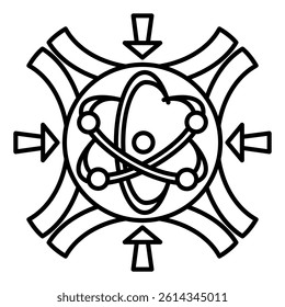 Quantum Resilience icon represented by atom, strong barrier Line style.