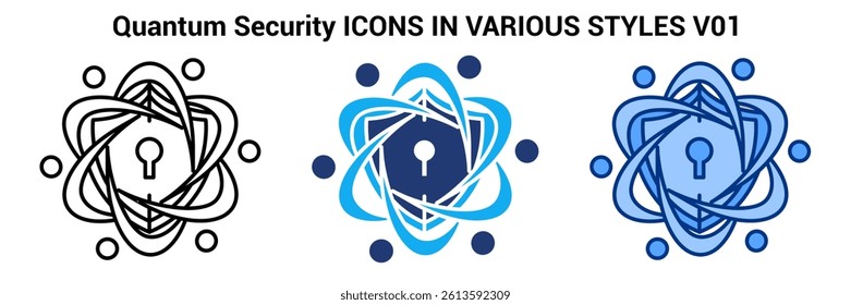 Quantum Security icon represented by shield-shaped atomic nucleus Line, Blue, Dualtone style.