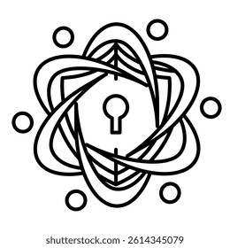 Quantum Security icon represented by shield-shaped atomic nucleus Line style.