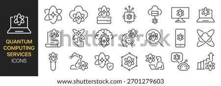 Quantum services icon set. It included qubit, cloud, computer, ai, processor and more icons. Editable Vector Stroke.