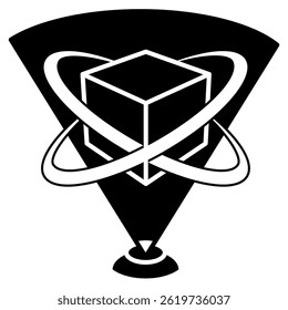 Quantum Simulation icon represented by hologram of atom Black Filled style.