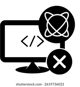 Ícone do Quantum Software representado pela codificação, estilo átomo Black Filled.