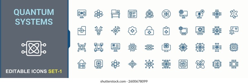 Quantum Systems related icon set. Quantum Computing modern icon set. Quantum web icons pack. Minimalist icons collection. Editable stroke. Pixel Perfect.