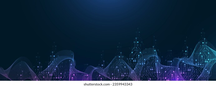 Quantum technologies concept. Deep learning artificial intelligence. Circuit board texture background design. Big data algorithms visualization. Neural networks. Vector illustration