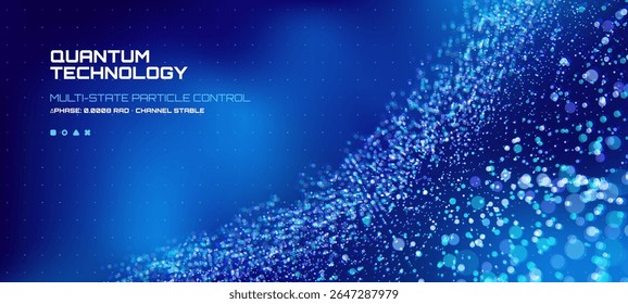 Quantum technology background showing multi state particle control. Digital abstract data visualization with blue particles flow