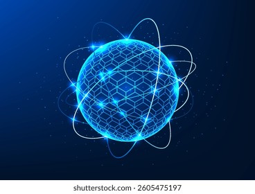 Quantum technology, a circular object surrounded by circuit lines reflecting quantum qubits, processing massive amounts of data quickly, AI potential, data encryption, molecules