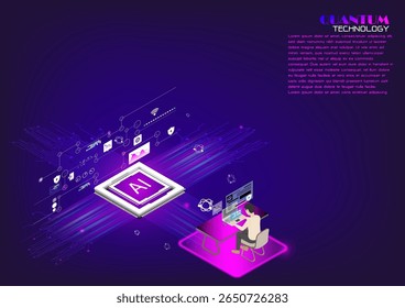 Quantum technology concept to analyze basic daily life data in the most efficient way.sometric illustration with visual interface for gobal network