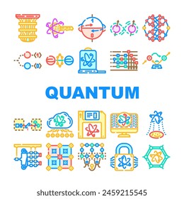 quantum technology data network icons set vector. internet digital, big science, server computer, energy communication quantum technology data network color line illustrations