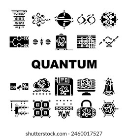 quantum technology data network icons set vector. internet digital, big science, server computer, energy communication quantum technology data network glyph pictogram Illustrations
