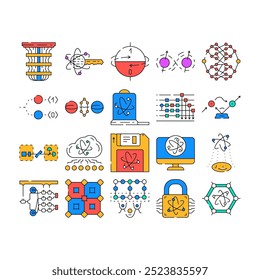 tecnologia quântica ícones de rede de dados definir vetor. internet digital, grande ciência, computador servidor, comunicação de energia tecnologia quântica rede de dados cor Ilustrações de contorno