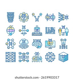 quantum technology data science doodle icons set vector. computer tech, abstract ai, network cyber, chip security, digital internet, big quantum technology data science sketch hand drawn