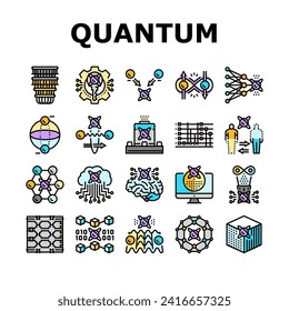 quantum technology data science icons set vector. computer tech, abstract ai, network cyber, chip security, digital internet, big quantum technology data science color line illustrations