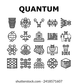 quantum technology data science icons set vector. computer tech, abstract ai, network cyber, chip security, digital internet, big quantum technology data science black contour illustrations