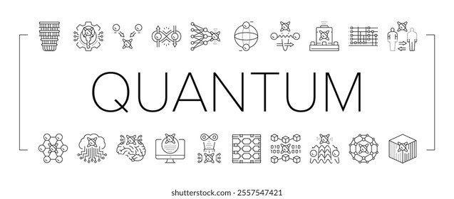 quantum technology data science icons set vector. computer tech, abstract ai, network cyber, chip security, digital internet, big quantum technology data science black contour illustrations