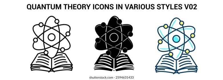 Quantum Theory icon represented by atom, book Line, Filled, Color style.