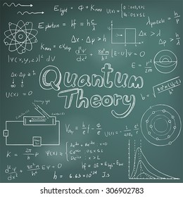 Quantum theory law and physics mathematical formula equation, doodle handwriting icon in blackboard background with hand drawn model, create by vector
